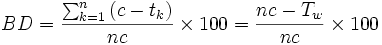 
BD = \frac{\sum_{k = 1}^n {(c - t_k)}}{nc} \times 100=\frac{nc -
T_w}{nc} \times 100
\, 