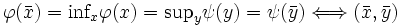 \varphi{(\bar{x})}=\mbox{inf}_{x}\varphi{(x)}=\mbox{sup}_{y}\psi{(y)}=\psi{(\bar{y})}
 \Longleftrightarrow (\bar{x},\bar{y})