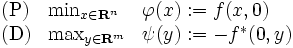 
\begin{array}{lll}
\mbox{(P)} & \min_{x\in \mathbf{R}^n}& \varphi{(x)}:=f(x,0) \\
\mbox{(D)} & \max_{y\in \mathbf{R}^m}& \psi{(y)}:=-f^{*}(0,y) 
\end{array}
