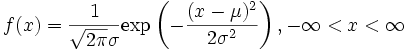 
 f(x) = \frac{1}{\sqrt{2\pi}\sigma} \mathrm{exp} \left(
 -\frac{(x-\mu)^2}{2\sigma^2} \right), -\infty < x < \infty
\,