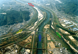 三川合流点（上流側より撮影,左より木津川、宇治川、桂川）