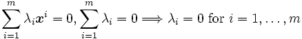 \displaystyle 
 \sum_{i=1}^{m}\lambda_i \boldsymbol{x}^i = 0,
\sum_{i=1}^{m}\lambda_i =0
 \Longrightarrow \lambda_i = 0 \mbox{ for } i=1,\ldots,m\, 