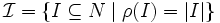 \mathcal I=\{I\subseteq N \mid \rho(I)=|I|\}\, 