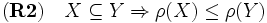 \mathbf{(R2)} \quad X\subseteq Y \Rightarrow \rho(X)\leq\rho(Y)\, 