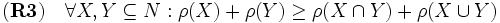 \mathbf{(R3)} \quad \forall X,Y\subseteq N: \rho(X)+\rho(Y)\geq\rho(X\cap Y)+\rho(X\cup Y)\, 