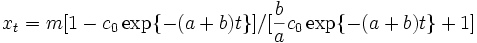 
x_{t}=m[1-c_{0}\exp \{-(a+b)t\}]/[\frac{b}{a} c_{0}\exp \{-(a+b)t\}+1]
\, 