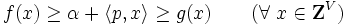 f(x) \geq \alpha + \langle p, x \rangle \geq g(x) \qquad (\forall \ x \in {\mathbf Z}^{V})\, 