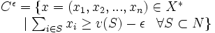 
\begin{array}{l}
 C^{\epsilon} = \{ x=(x_1,x_2,...,x_n) \in X^* \\ 
\ \ \ \ \ \mid \sum_{ i \in S} x_i \ge
v(S) - \epsilon \;\;\; \forall S \subset N \}
\end{array}
\,