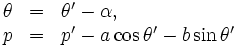 \begin{array}{lll}
\theta &=& \theta'-\alpha, \\
p &=& p'-a\cos \theta'-b\sin \theta' 
\end{array}\, 