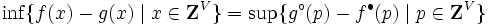 \inf\{ f(x) - g(x) \mid x \in {\mathbf Z}^{V} \}
 = \sup\{ g^{\circ}(p) - f^{\bullet}(p) \mid p \in {\mathbf Z}^{V} \}\, 