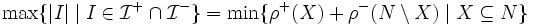 \max\{|I|\mid I \in \mathcal I^+\cap\mathcal I^-\}=\min\{\rho^+(X)+\rho^-(N\setminus X)\mid X\subseteq N\}\, 