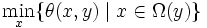 \min_{x}\{\theta(x,y)\;|\;x \in \Omega(y)\}\,