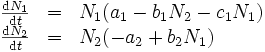 
\begin{array}{lll}
\frac{\mathrm{d}N_1}{\mathrm{d}t}&=&N_1(a_1- b_1N_2-c_1N_1)\\ 
\frac{\mathrm{d}N_2}{\mathrm{d}t}&=&N_2(-a_2+b_2N_1)
\end{array}
\, 