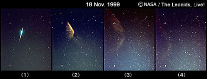 テンペル・タットル彗星(1)から放出されるちりが大気に衝突し(2)、放射状に広がるようす(3)(4)