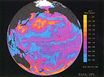 「みどり」のNASA散乱計で撮影した太平洋域の海洋風向・風速